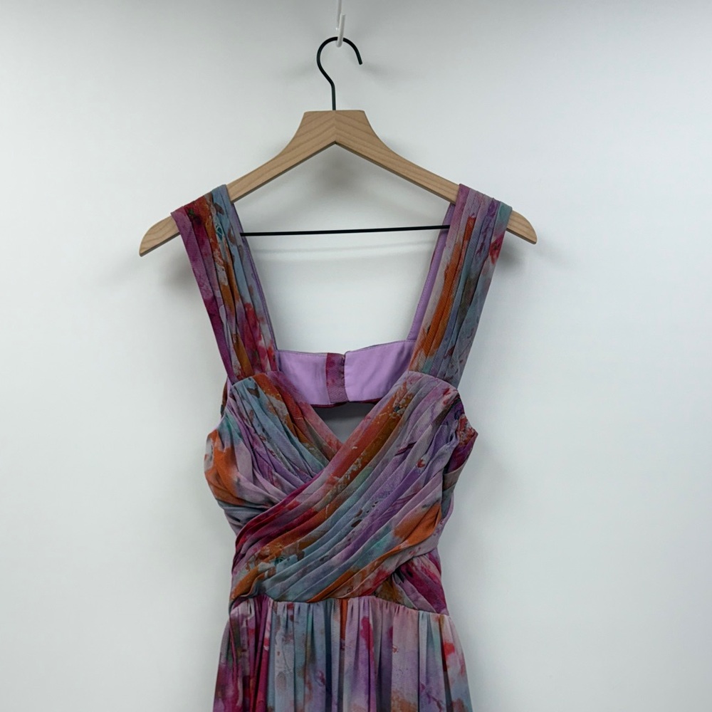 Fame & Partners Watercolor Floral Ombre Pleated A-Line Maxi Dress Purple 6 - Picture 2 of 7